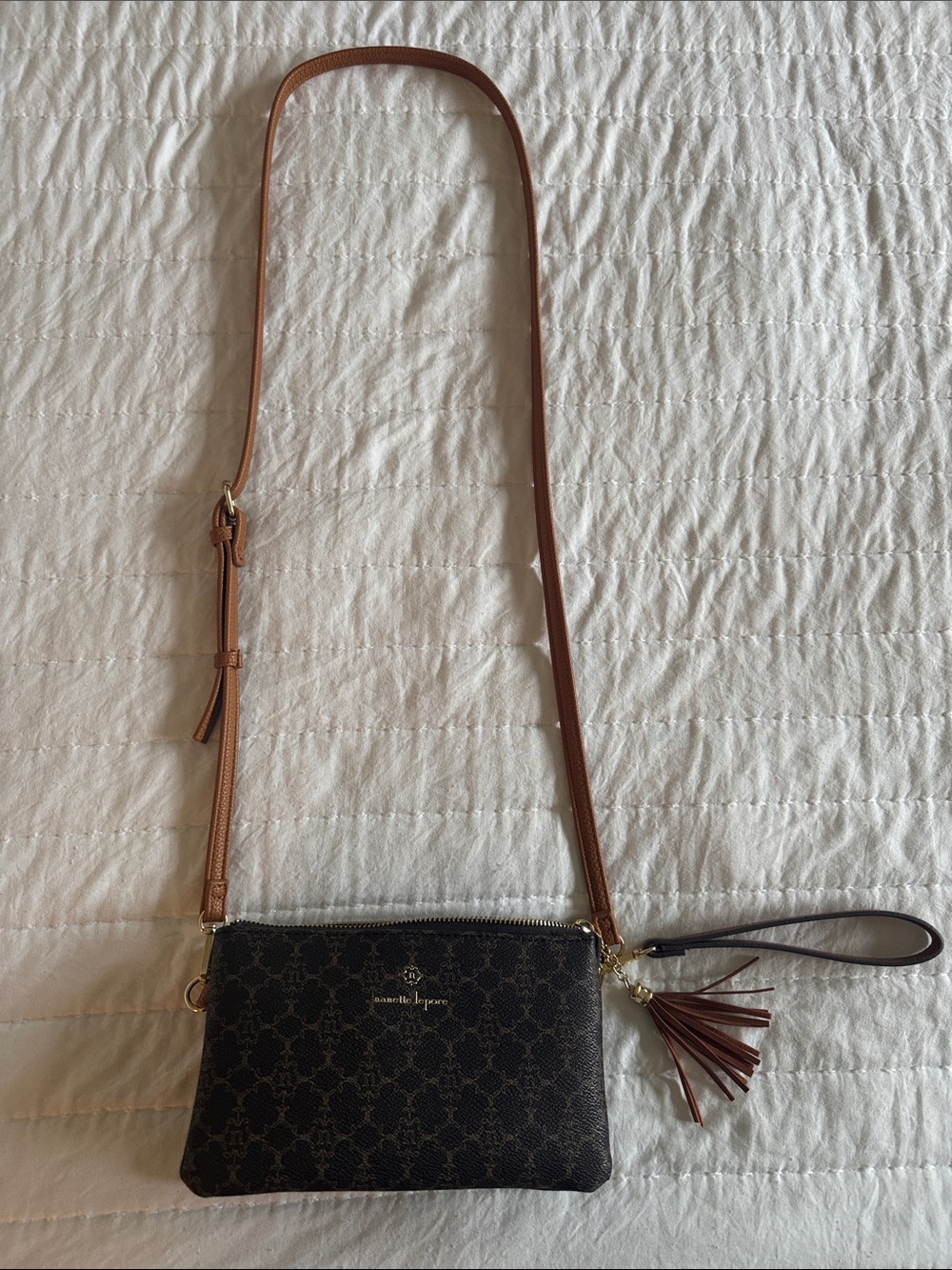 Nanette Lepore Black and Brown Logo Crossbody with Tassel